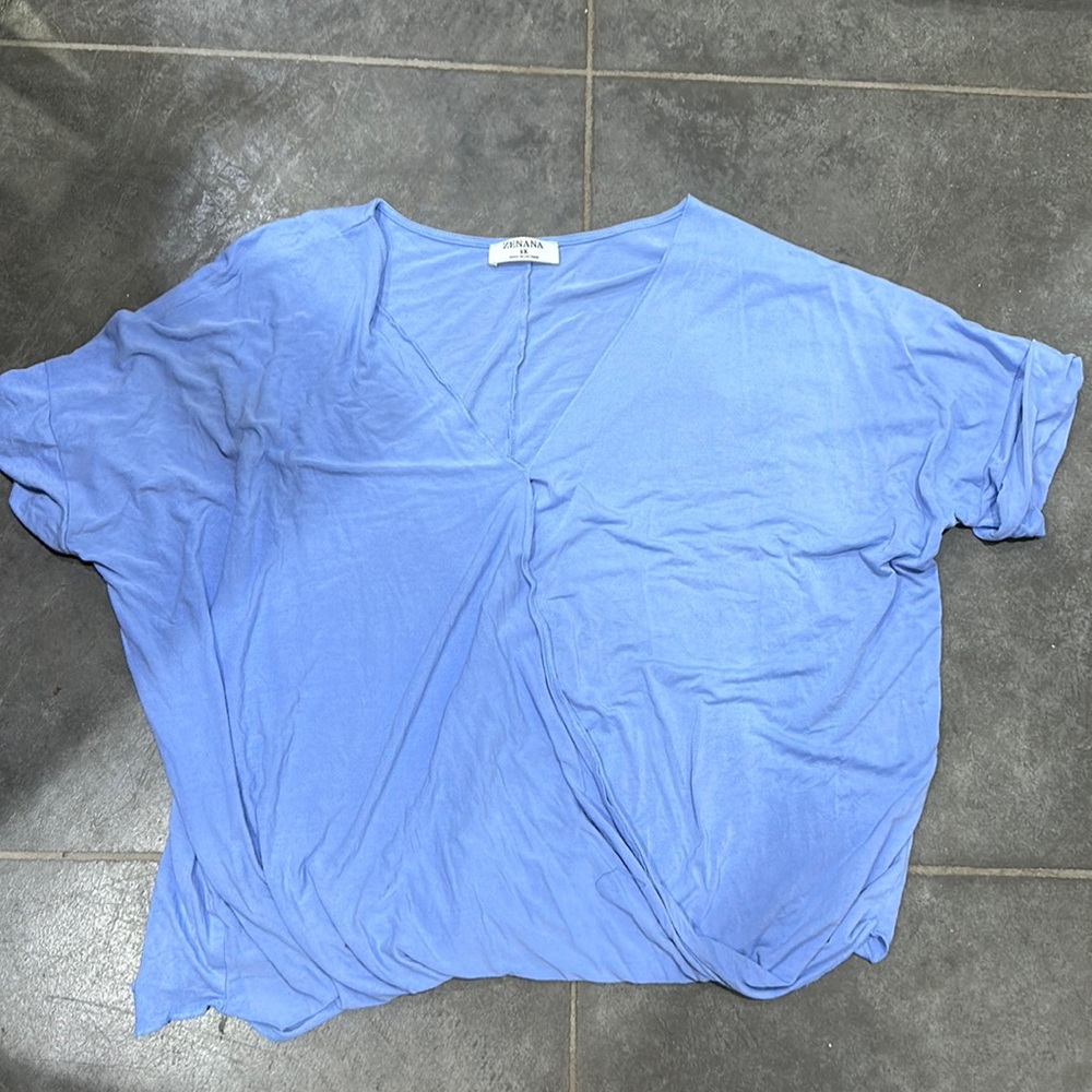 Zenana Ice Blue V Neck Flounce Top 1X